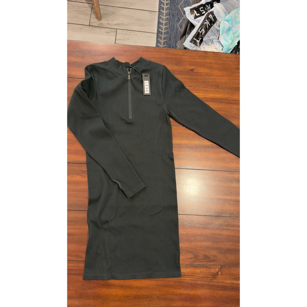 LSKD Minimal‎ Ribbed Seamless Dress Dark Forest Green Quarter Zip Size L NEW NWT - Picture 2 of 14